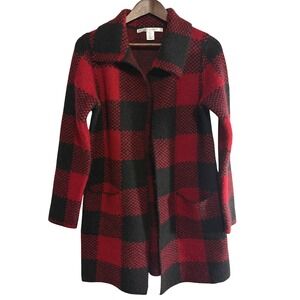 Max Studio Red Black Buffalo Plaid Wool Blend Open Front Cardigan Sweater Mens M